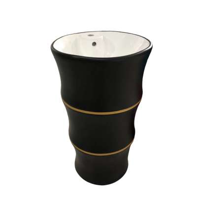 New Design Black Color Ceramic One Piece Basin Bathroom Pedestal Sink